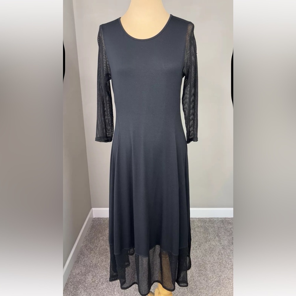 Comfy USA Black Jersey Knit Mesh Sleaves & Trim Midi Dress Women's XS
